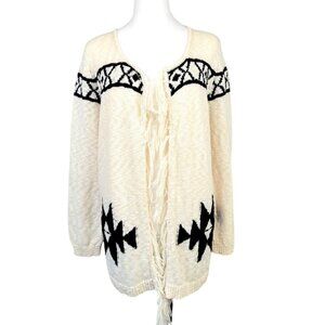 Womens XL Olivia & Sky Fringe Aztec Boho Open Front Cardigan- Cream Long Sleeve